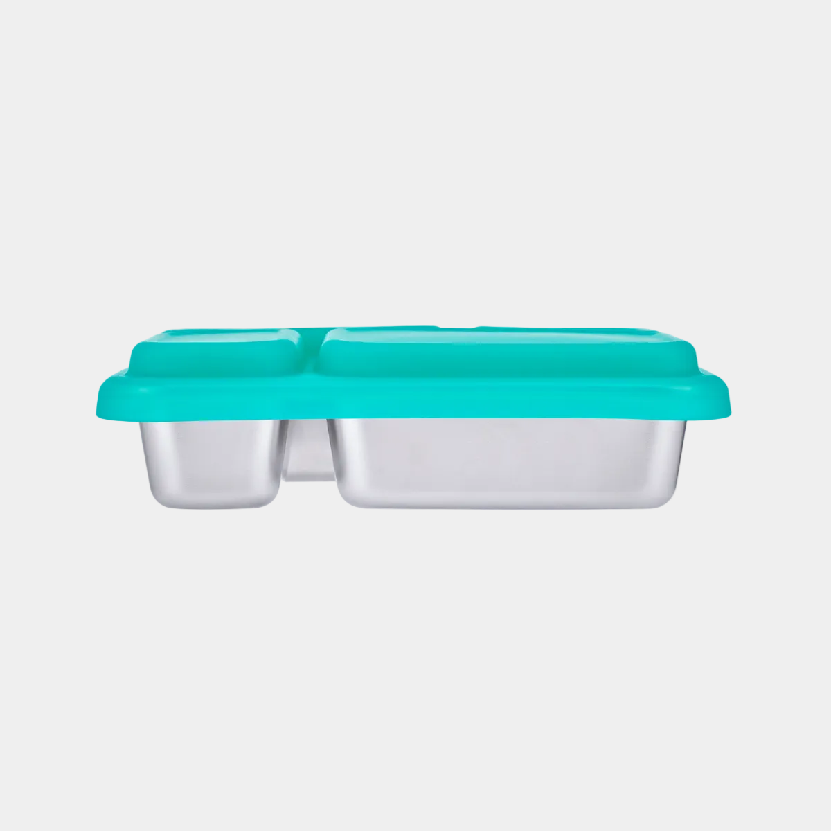 Clear plastic container with teal lid on a white background