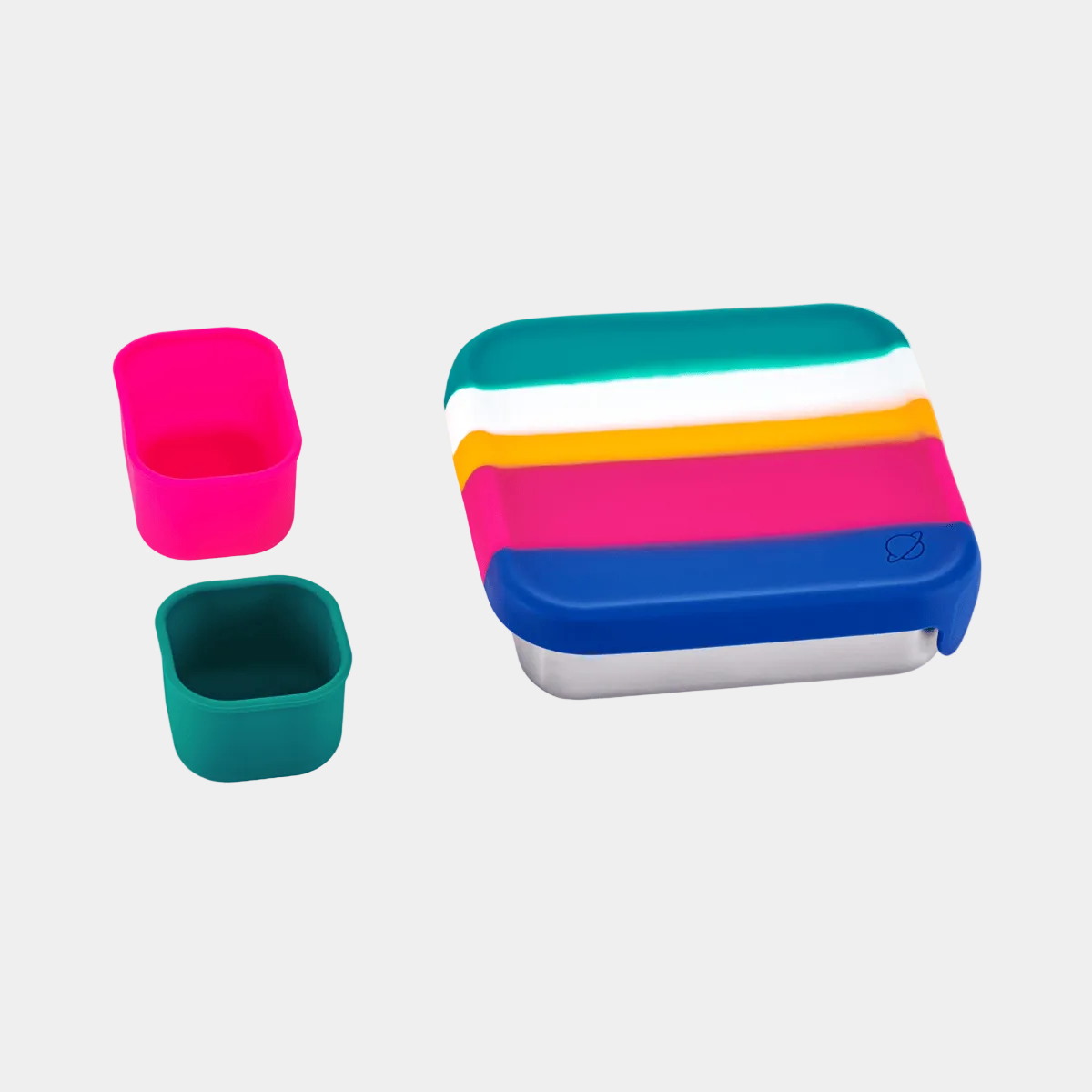 Colorful striped lunch box with two small containers on a white background