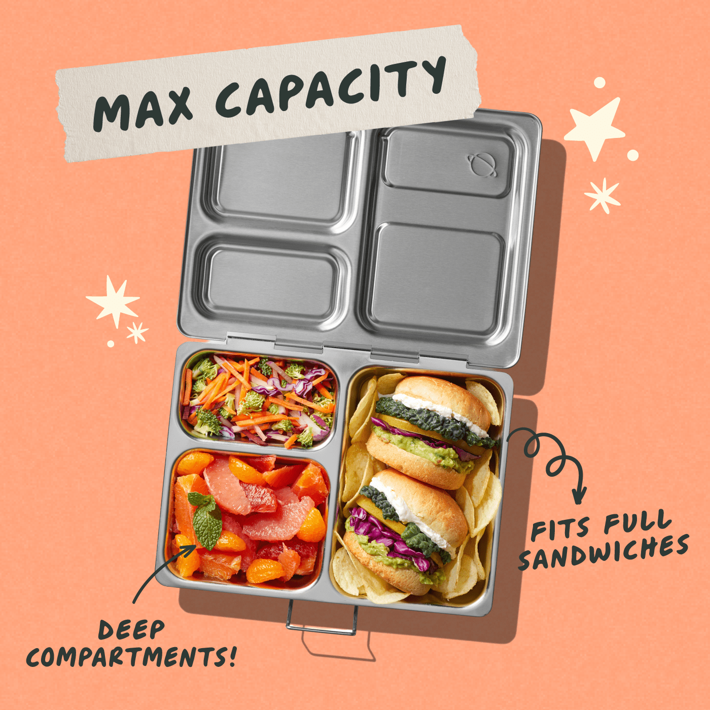 Launch lunch box on orange background filled with grapefruit, coleslaw and sliders.