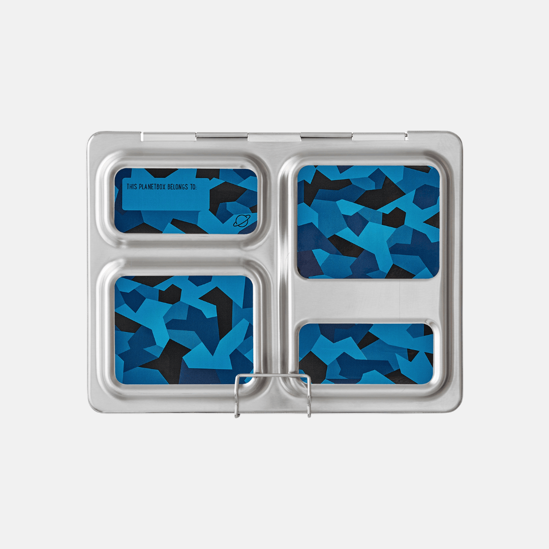 Blue and black geometric camo design on launch lunch box.