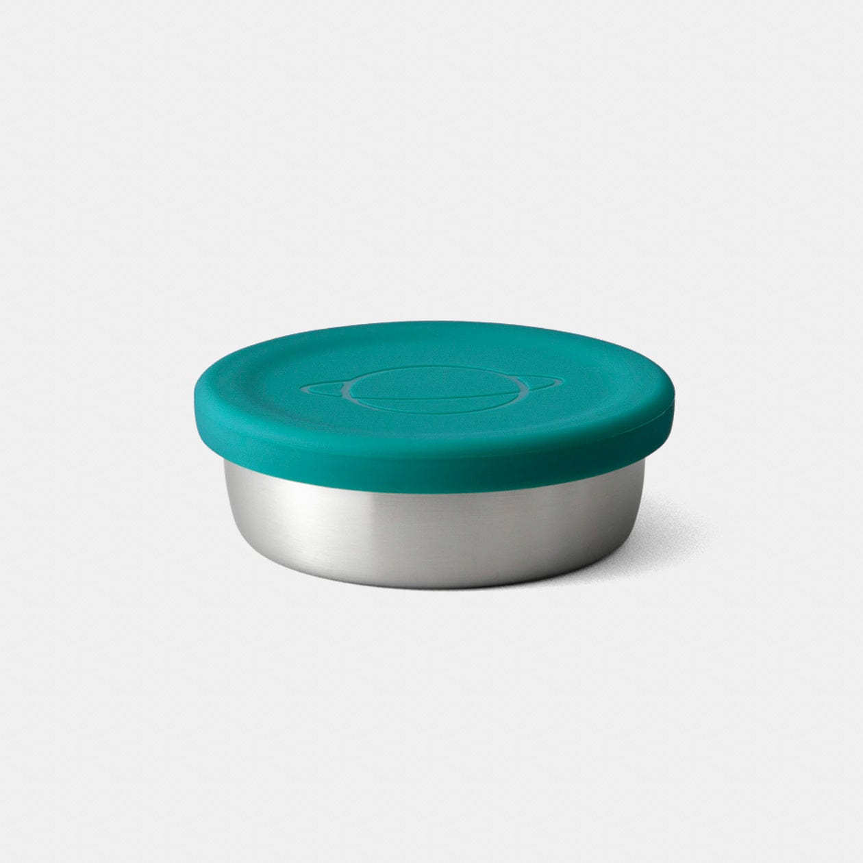 stainelss steel sauce container "dipper" with silicone lid on top on white background