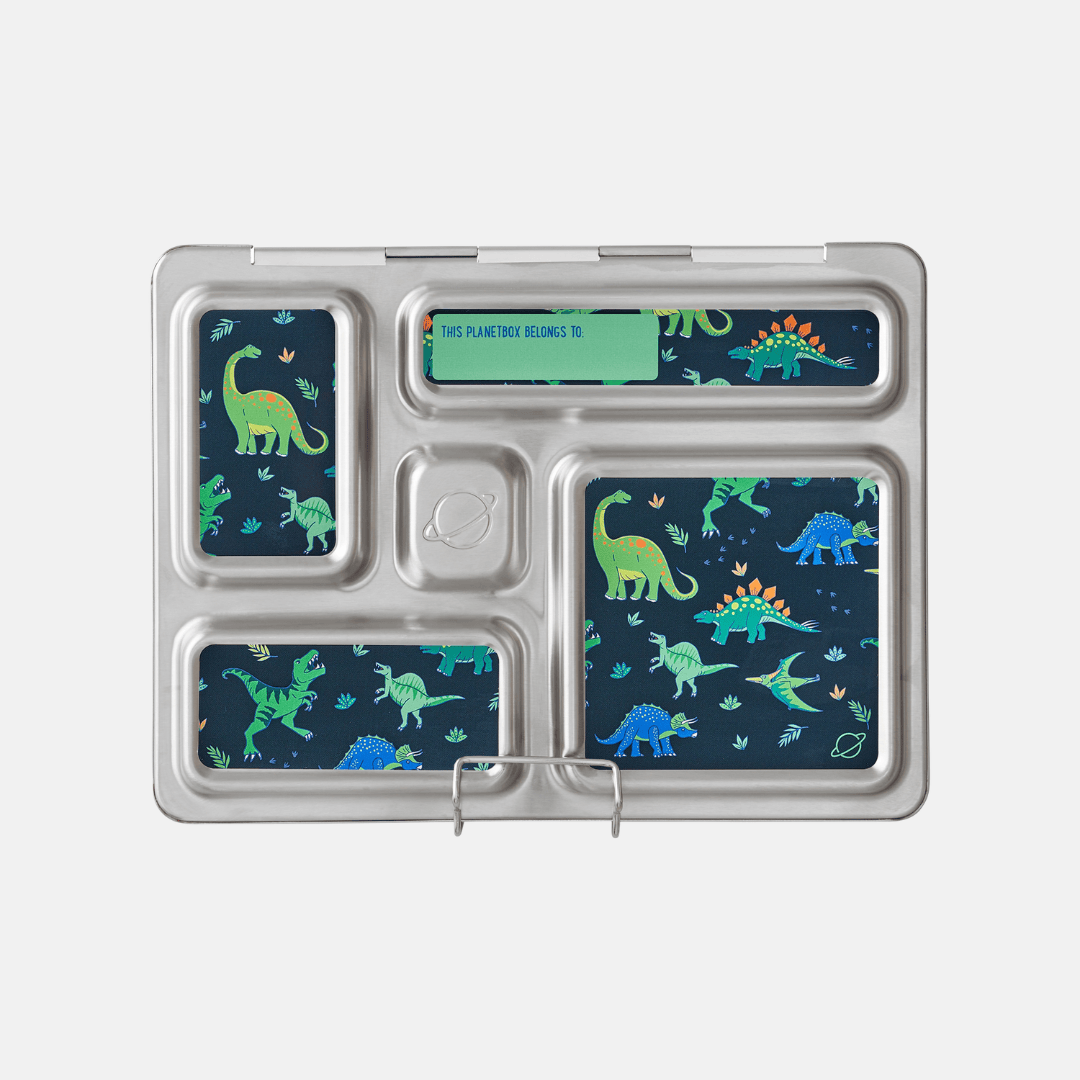 Blue and green dino print magnets on Rover lunch box