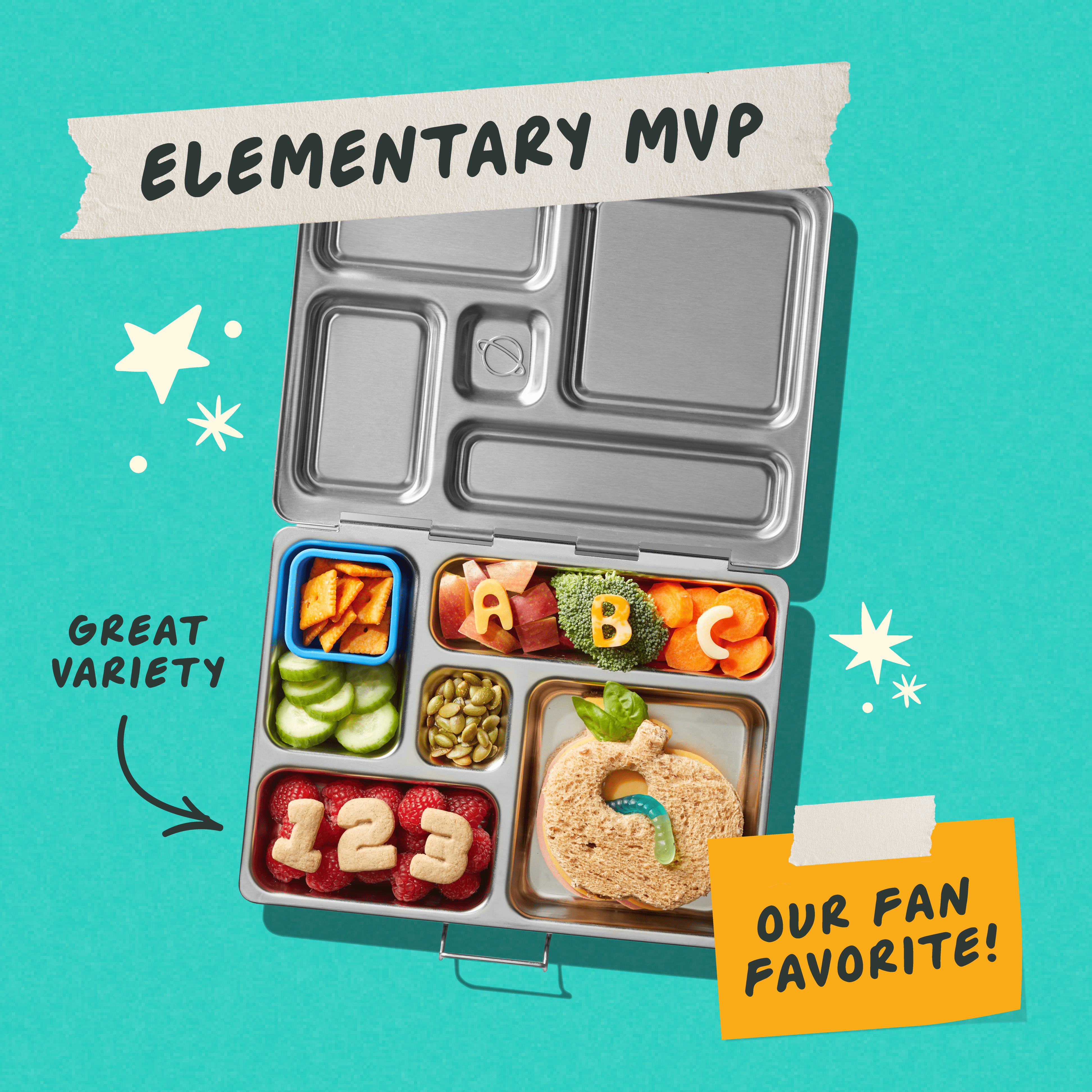 Open lunchbox with various food items and a sign labeled 'Elementary MVP' on a teal background.