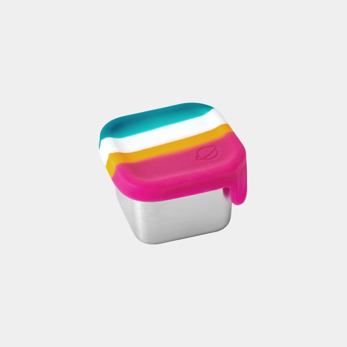 Colorful container with a pink lid on a white background