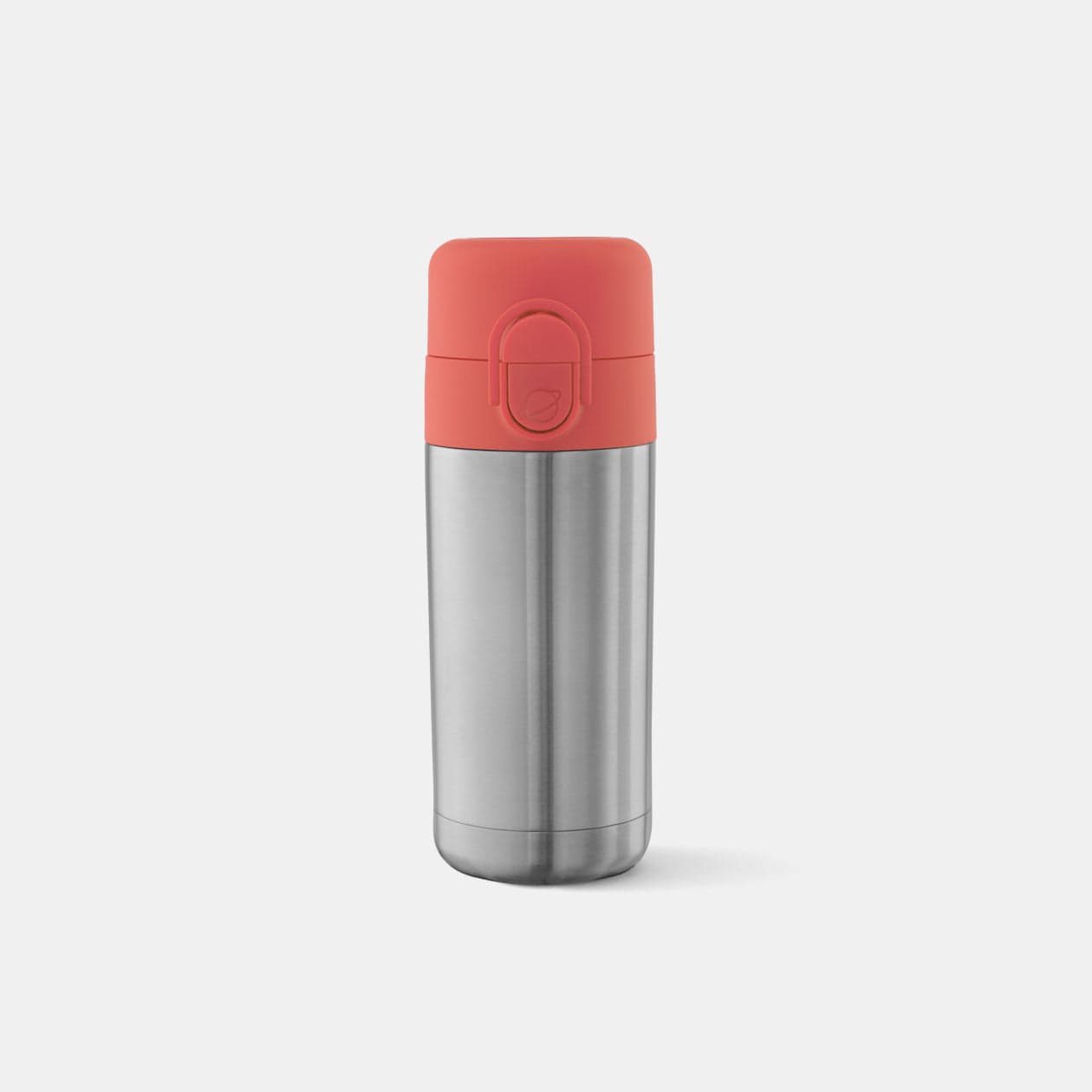 Front on view of Pour Spout Water Bottle with Coral colored lid.