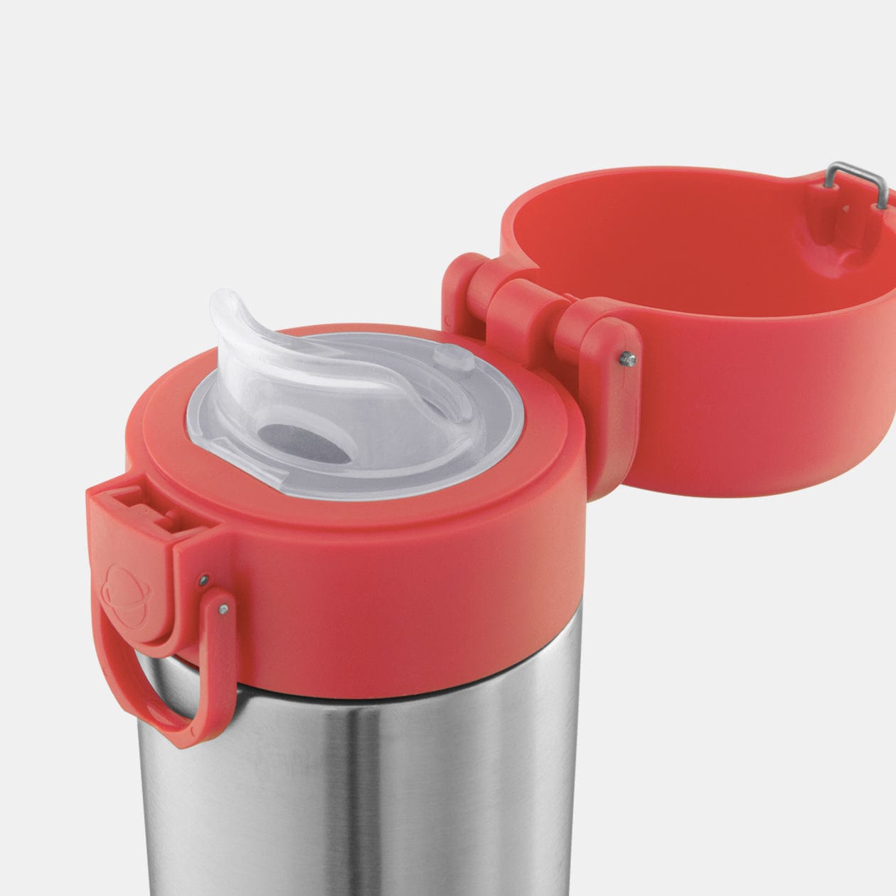Stainless Steel 12oz Pour Spout Water Bottle with open, Coral colored lid. and silicone pour spout.