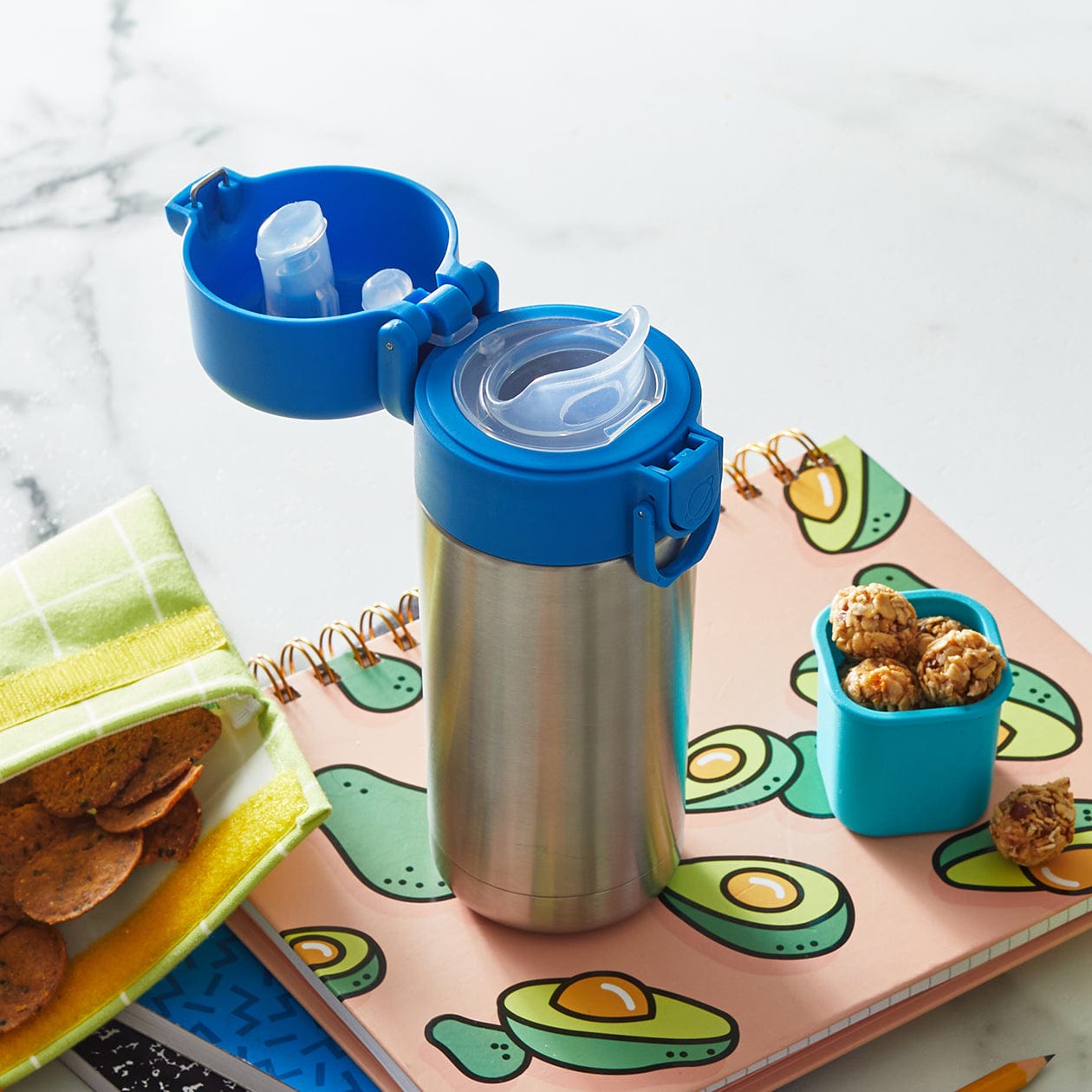 Stainless Steel 12oz Pour Spout Water Bottle with open Ocean colored pour spout lid.