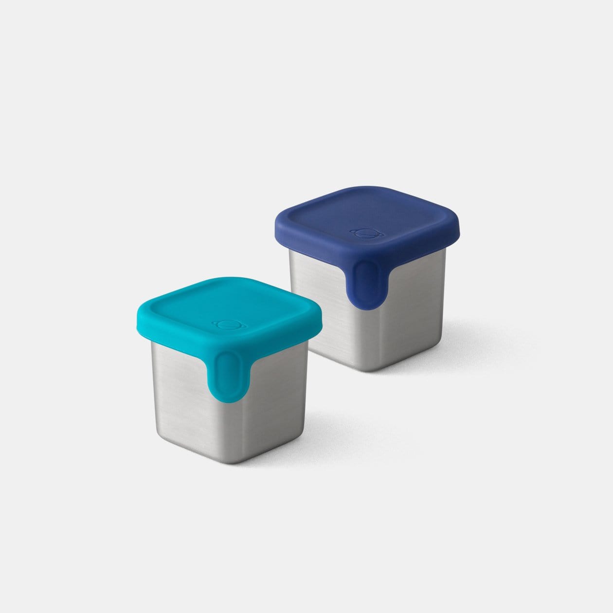 Side by side view of Little Square Dippers with Teal and Navy lids on White background.