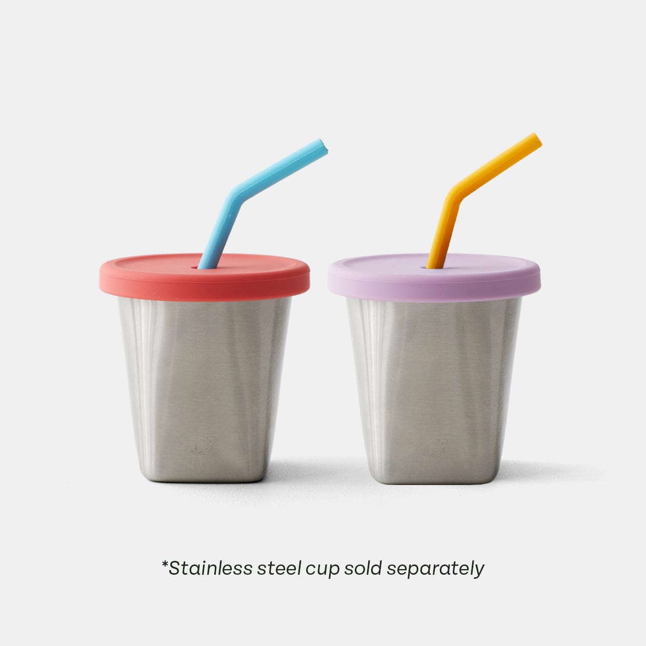 Straw and Lid set in Sunset featured atop two Stainless Steel cups.