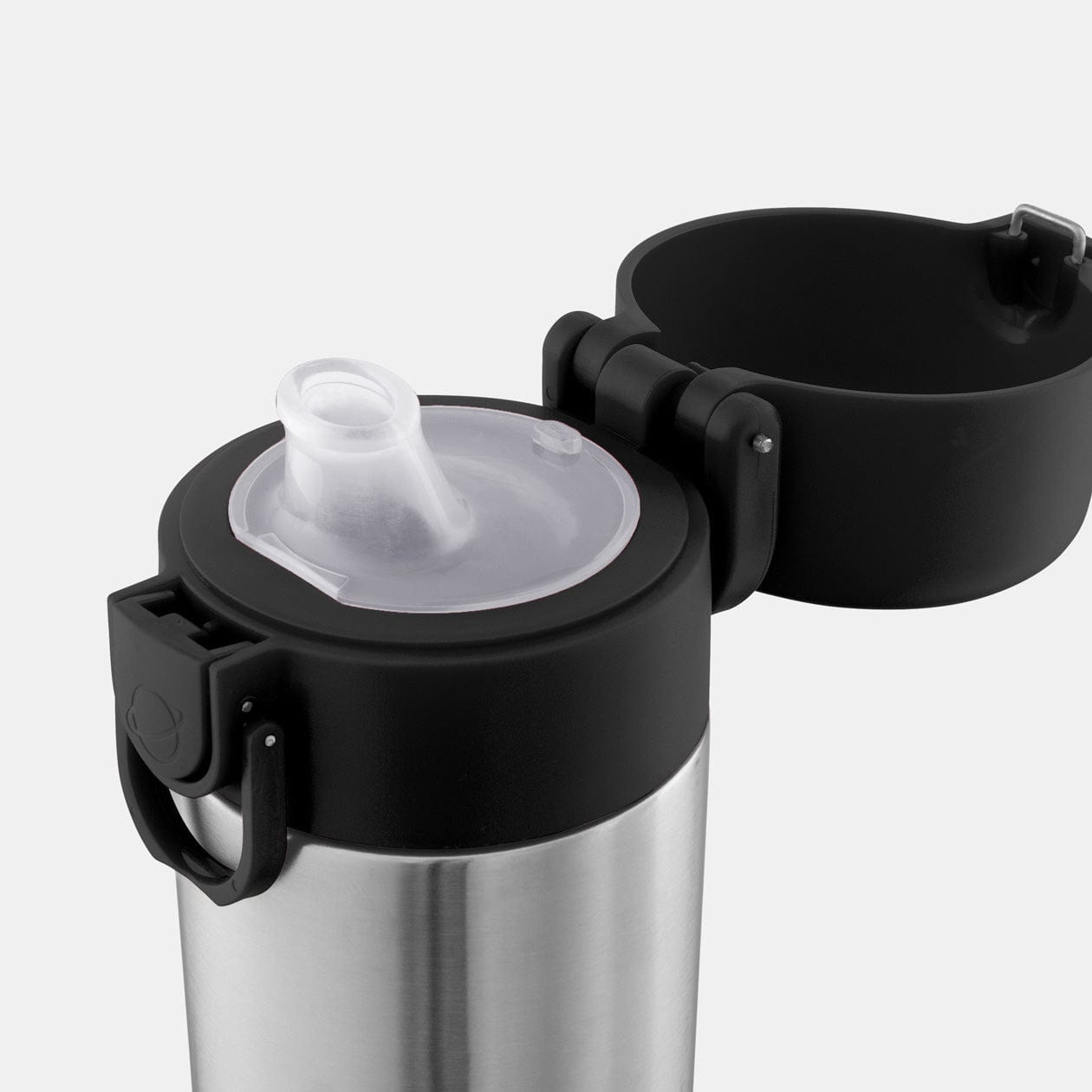 12oz Stainless Steel Sip Spout Water Bottle with opened Black cap and silicone sip spout.