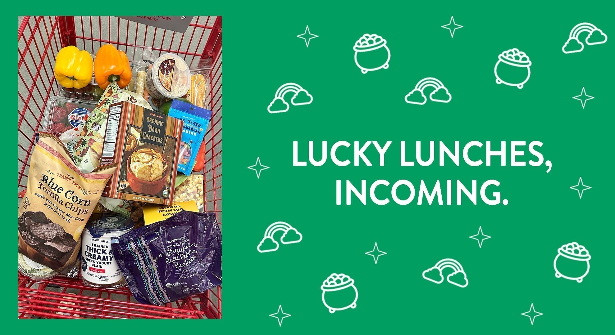 lucky lunches incoming! Trader joes snacks in a red cart on a green St. Patricks day themed background. 