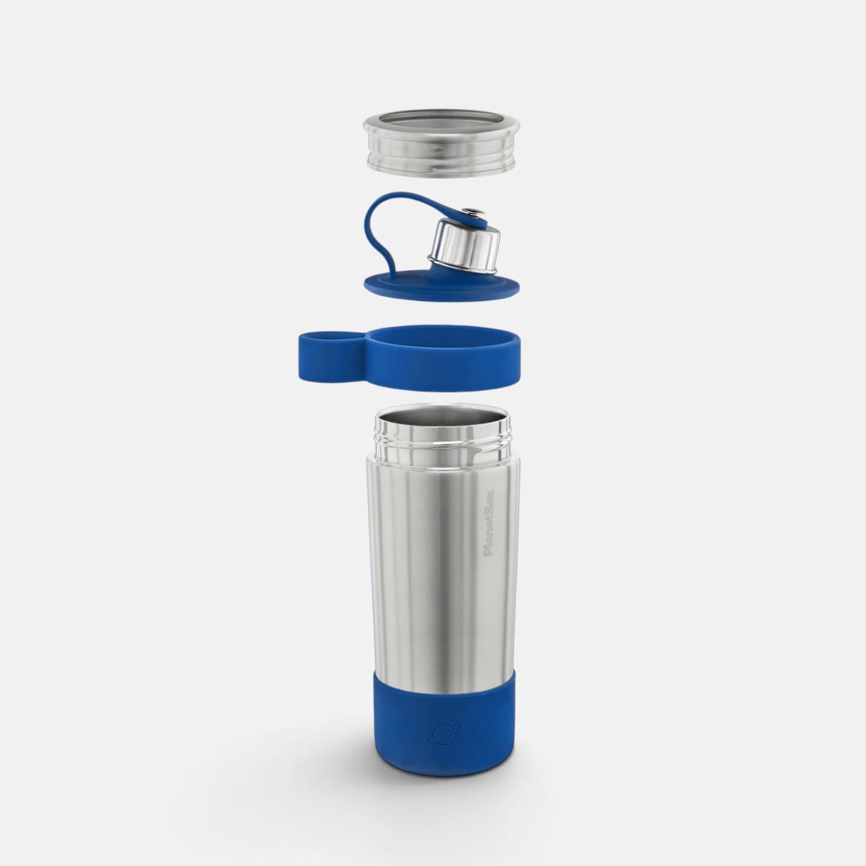 Deconstructed view of Arctic Glacier Chug water bottle on white background.
