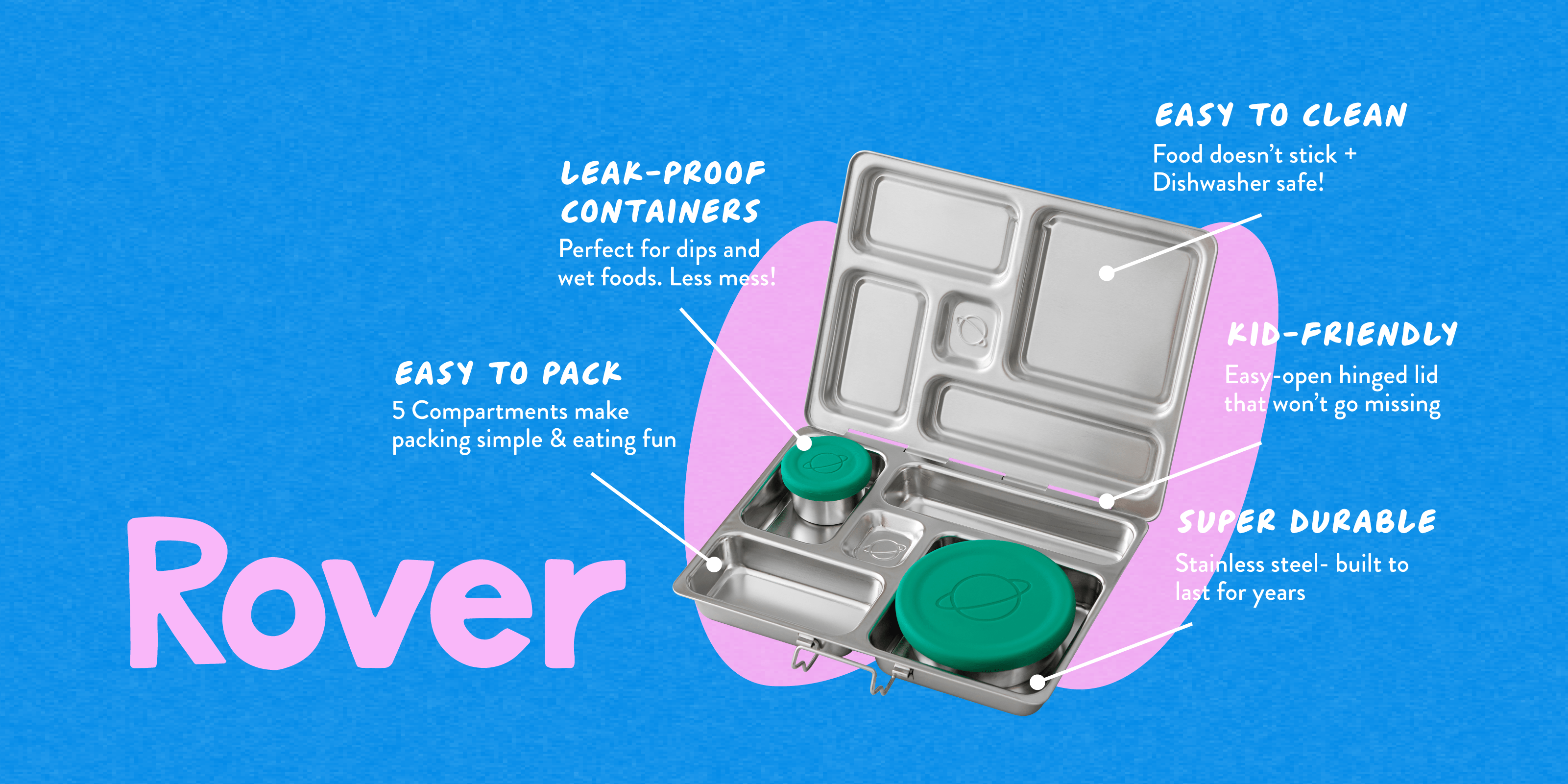 Leak-proof ood container with green lids on a blue background, featuring text about its features.