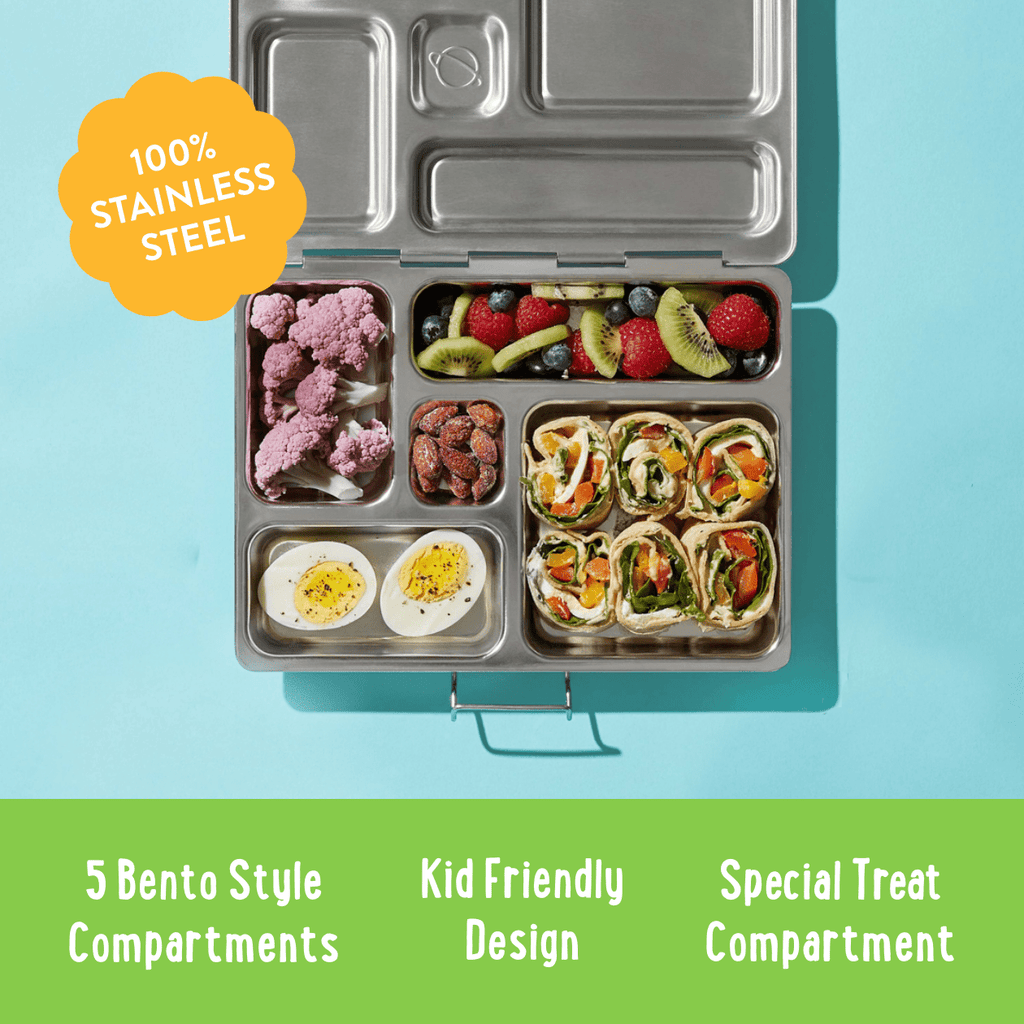 Infographic of Rover. Text: 5 bento style compartments.  Kid friendly design.  Special treat compartment. 100% stainless steel callout on yellow flower. Top down view of healthy packed rover. Include purple cauliflower, mixed fruit, vegetable wrap, hard boiled egg and  almonds.