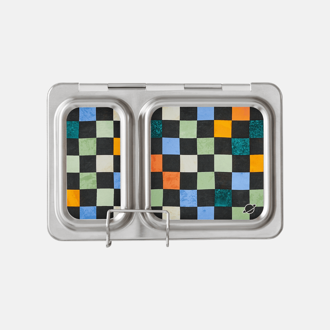 Retro inspired multi colored check design on shuttle lunchbox.