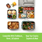 Infographic showing different lunchboxes filled with food ranging from fruit to salad, to goldfish. Text: Compatible with Trailblazer, Rover & Explorer. Keep your snacks separate & neat