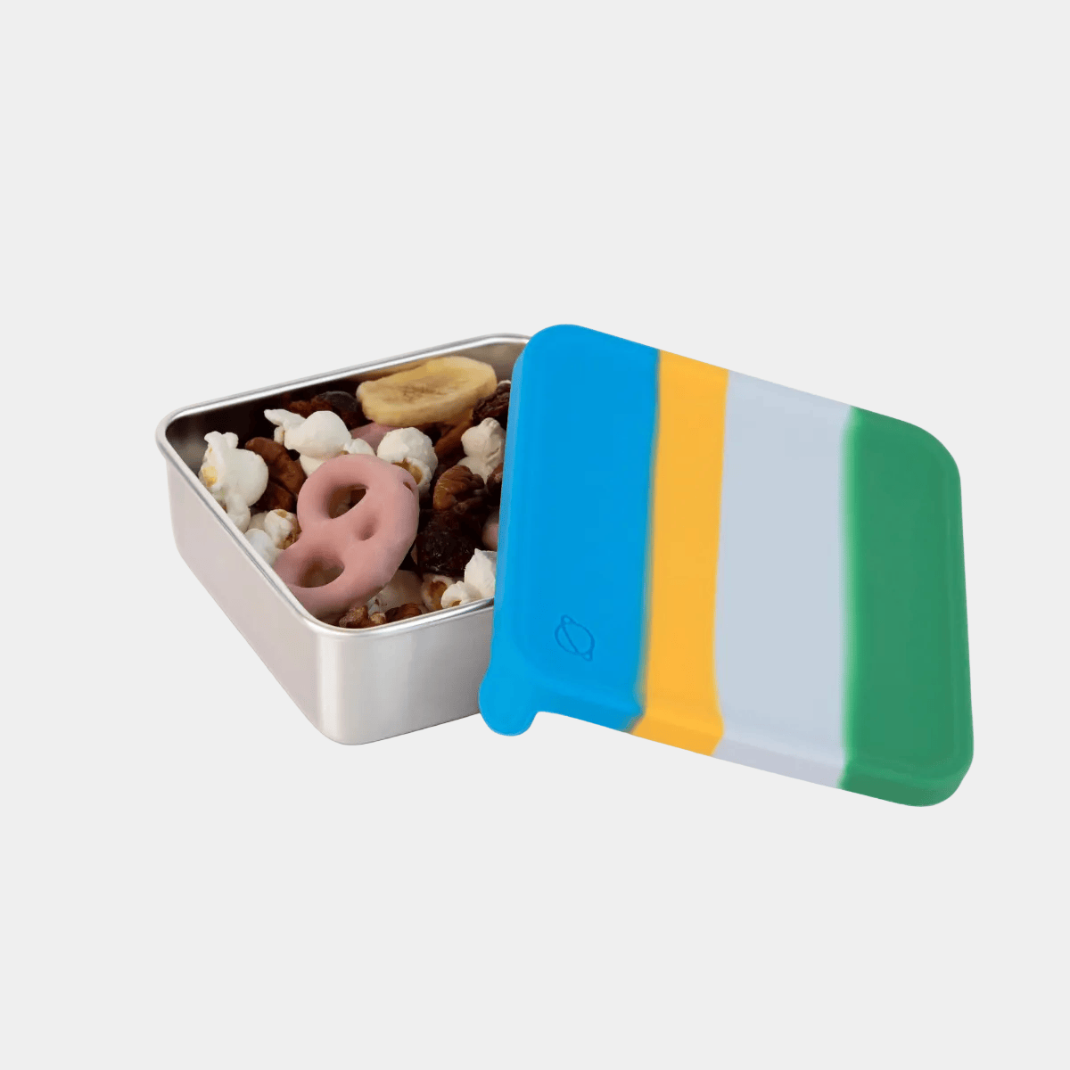 Colorful snack container with a striped lid on a white background