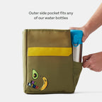Small stainless steel water bottle being place in lunchbox compartment.