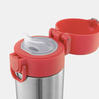 color::Coral Reef | Stainless Steel 12oz Pour Spout Water Bottle with open, Coral colored lid. and silicone pour spout.