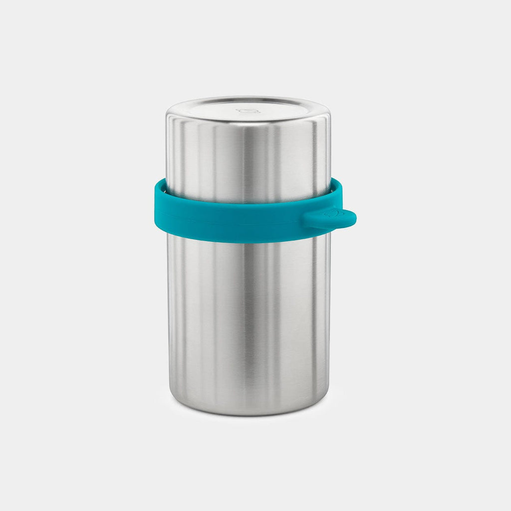 Assembled look at trailhead double sided snack container, standing upright with larger container on bottom.