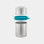 Trailhead doubel sided snack container expanded view with the larger container on bottom, leakproof seal hovering in the middle, and smaller container hovering on top.